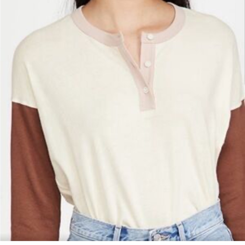 THE GREAT. Long Sleeve Henley - Cream and Brown